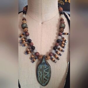 Artisan Handcrafted Stone And Ceramic Necklace with Blue Ceramic Leaf Pendant